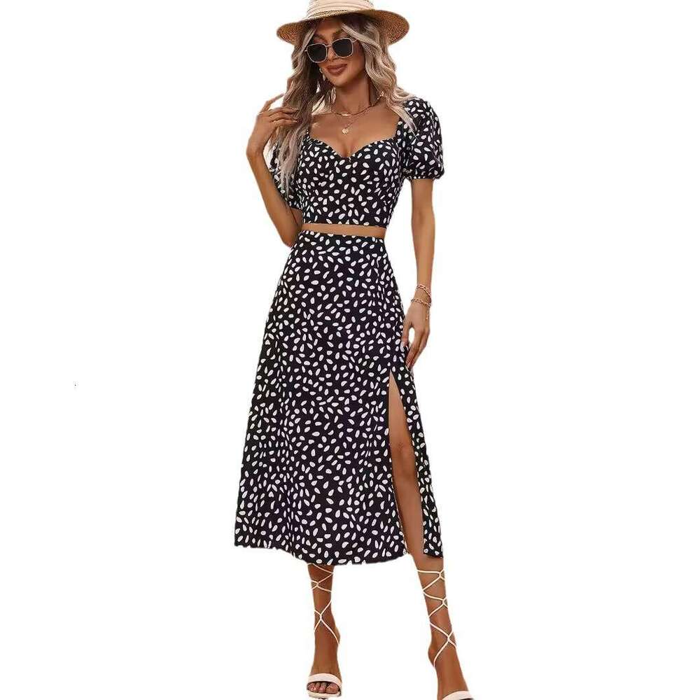Summer and American Women's European Station V-neck Short sleeved Split Skirt Set 2025 Versatile New Trendy Clothing Ins