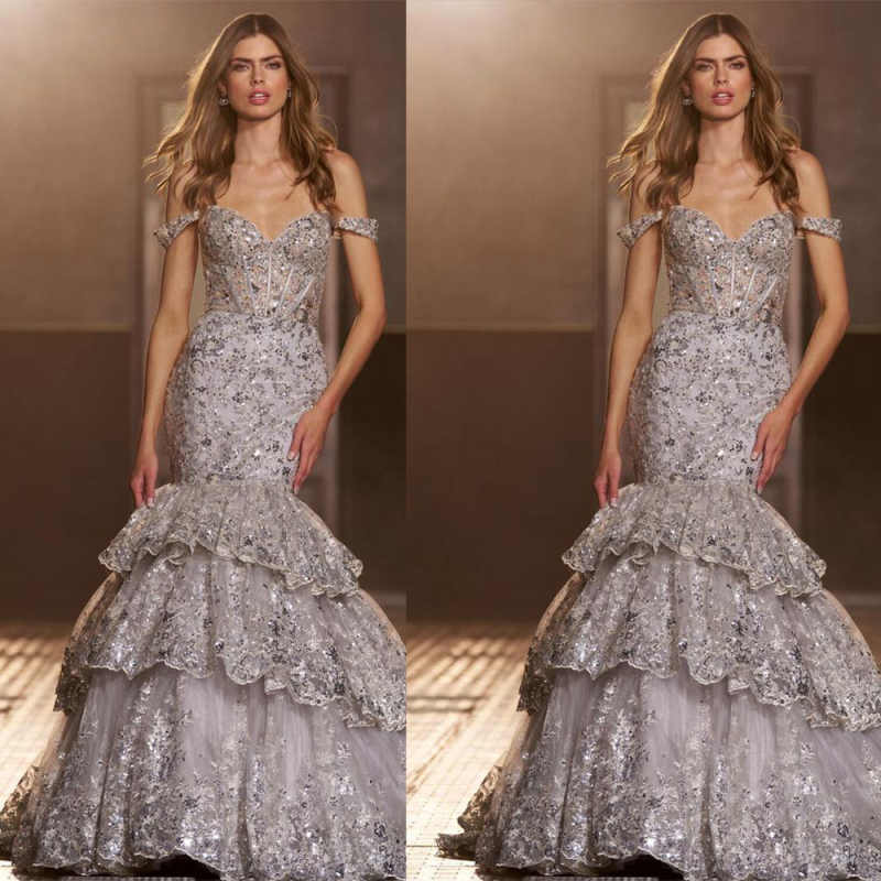 Exquisite Prom Dresses Mermaid Off The Shoulder Lace Custom Made Appliques Beads Satin Multilayers Zipper Court Gown Evening Dress Plus Size Vestido D