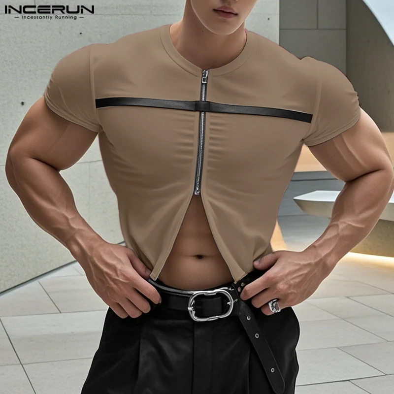 INCERUN Tops Korean Fashion Mens Half Pull Splicing n Summer Street Casual Short Sleeve Tank Top 250312