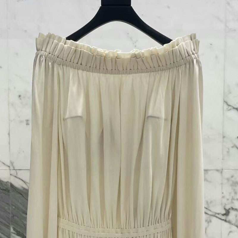 Women's Off-Shoulder Mini Tie-Waist Dress Fashion Long Sleeve Pleated Waist-Defining Solid Color Trendy Sexy Early Spring Luxury Designer High-Qu