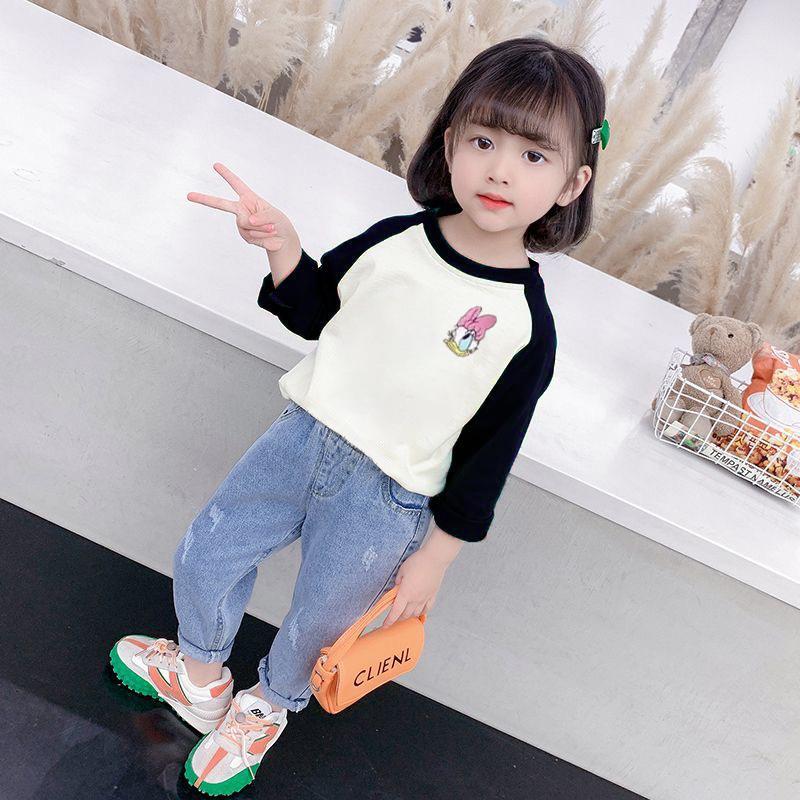 Ddmyshoesvip Girls Pure Cotton Color Contrast T Shirt Children S Western Style Top Korean Version Spring And Autumn Round Neck Girl Cute Bottom Shirt 