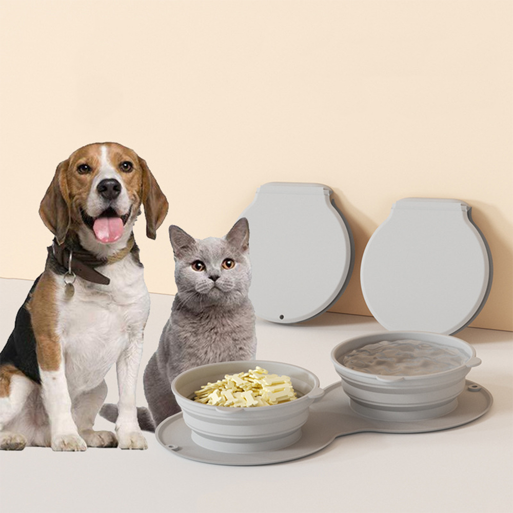 Pet Bowl Foldable Silicone Dog Double Bowl Thickened Water Feeder Outdoor Portable Puppy Cats Gray Bowl Tableware Pet Supplies