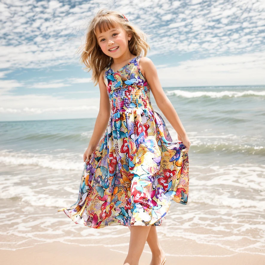 Girls Flower Bohemian Summer Dress ChildKids Girl Beach Dresses Chiffon Dresses Floral Teenager Girls Clothes 6 8 10 12 14 Year 250311