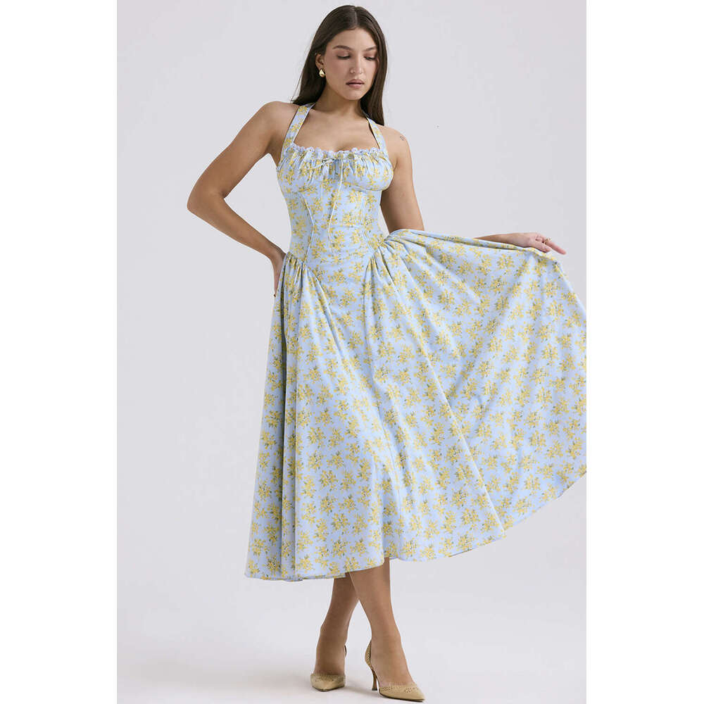 summer slim fit camisole long European and American style fashionable printed neck hanging lace dress, 2025 temperament versatile new trendy clothing 