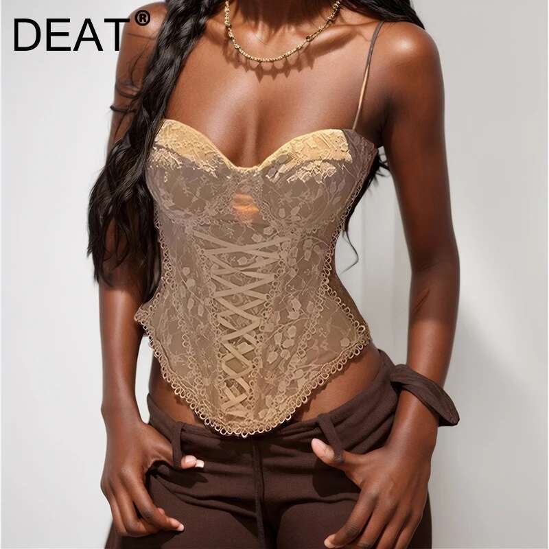 DEAT Fashion Lace Hook Wer Bandage Camisole For Women 2025 Spring New Bottoming Zipper Sg Vest Female 11A02356