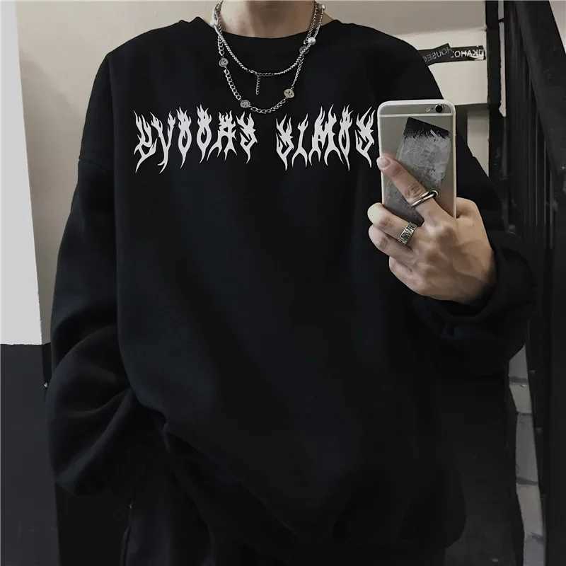 Mens Loose Tracksuit Casual Printing Sweatshirt Versatile Pullover Trend Black White Street Tops Clothing M250312
