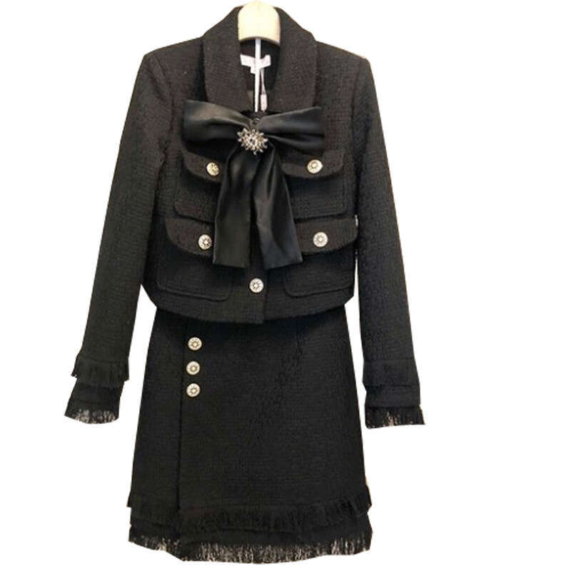 2025 Spring And Autumn Woolen Short Coat+A-Line Tassel Half Skirt Hip Wrap Two Piece Small Fragrant Style Set