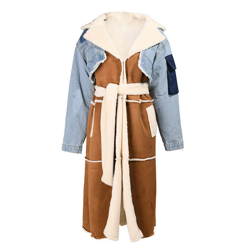 Australian Trendy Brand New Plush Denim Patchwork For Winter Lambhair Inner Lining With Large Lapel Collar, Long And Thick Cotton Jacket