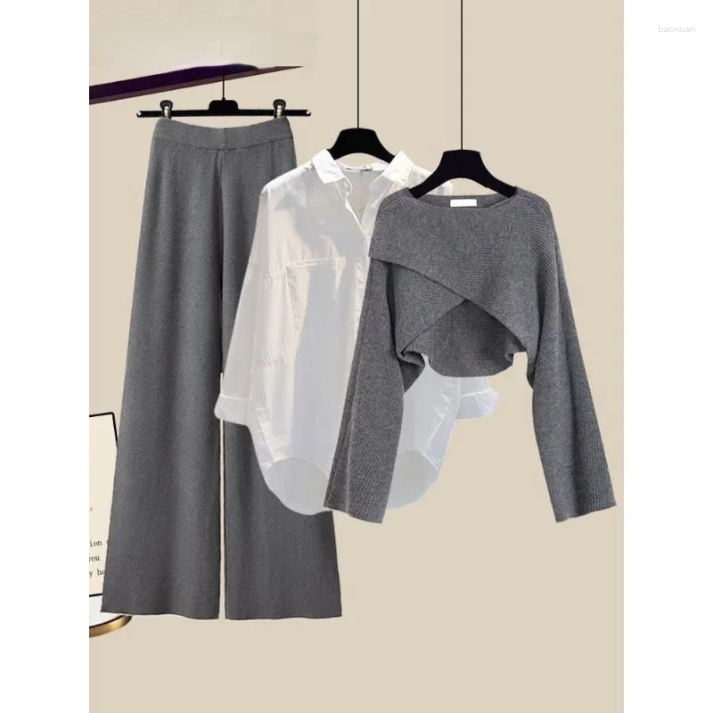 Womens Tracksuits Winter 3 Piece Sets Womens Outfit Office Ladies Elegant Irregular Knitted Sweater Shirt Wide Leg Pants Set Women Clothing