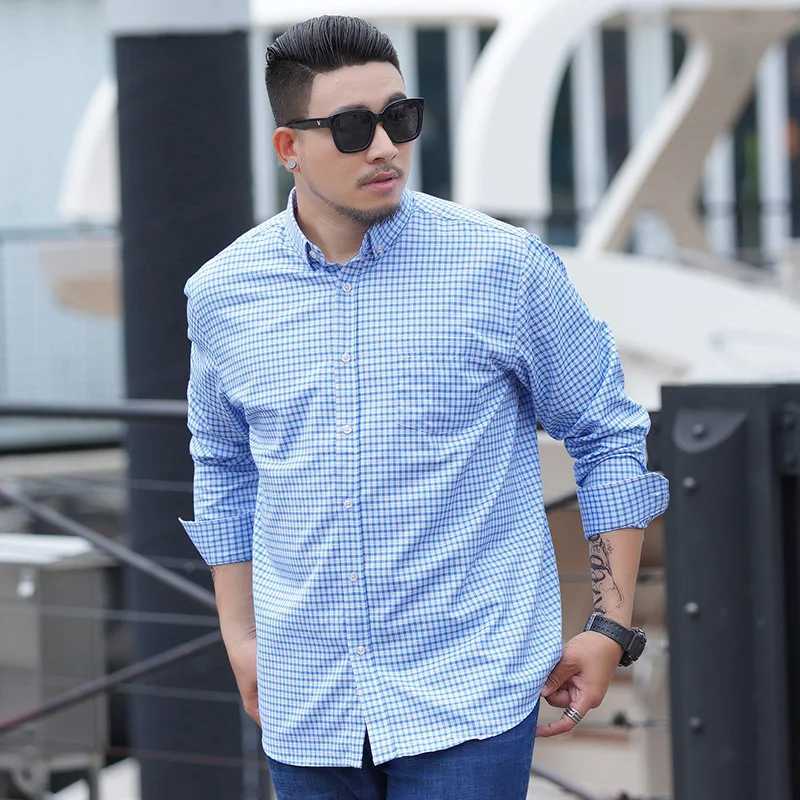 mens long sleeve plaid shirt Youth business casual spring and autumn long-sleeved shirts Blue formal mens loose shirt 8XL 0XL W250312