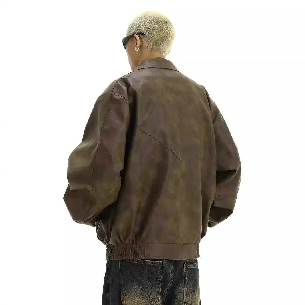 Vintage Distressed Leather Jacket Mens Loose Fit Casual Motorcycle Flying Jacket Autumn Trendy Brand Bad Boy StyleT250311