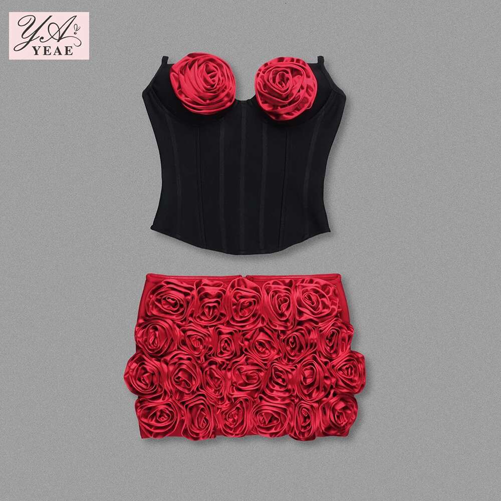 2024 New Red Color Women Sexy Strapless Rals 2 Pieces Bodycon Bandage Mini Dress Celebrate Nightclub Party Birthday Outfit