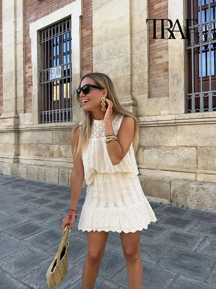 TRAF Womens Fashion Jacquard Sleeveless Top Set Elegant Skeleton Knitted Mini Skirt Lace Folded 250312