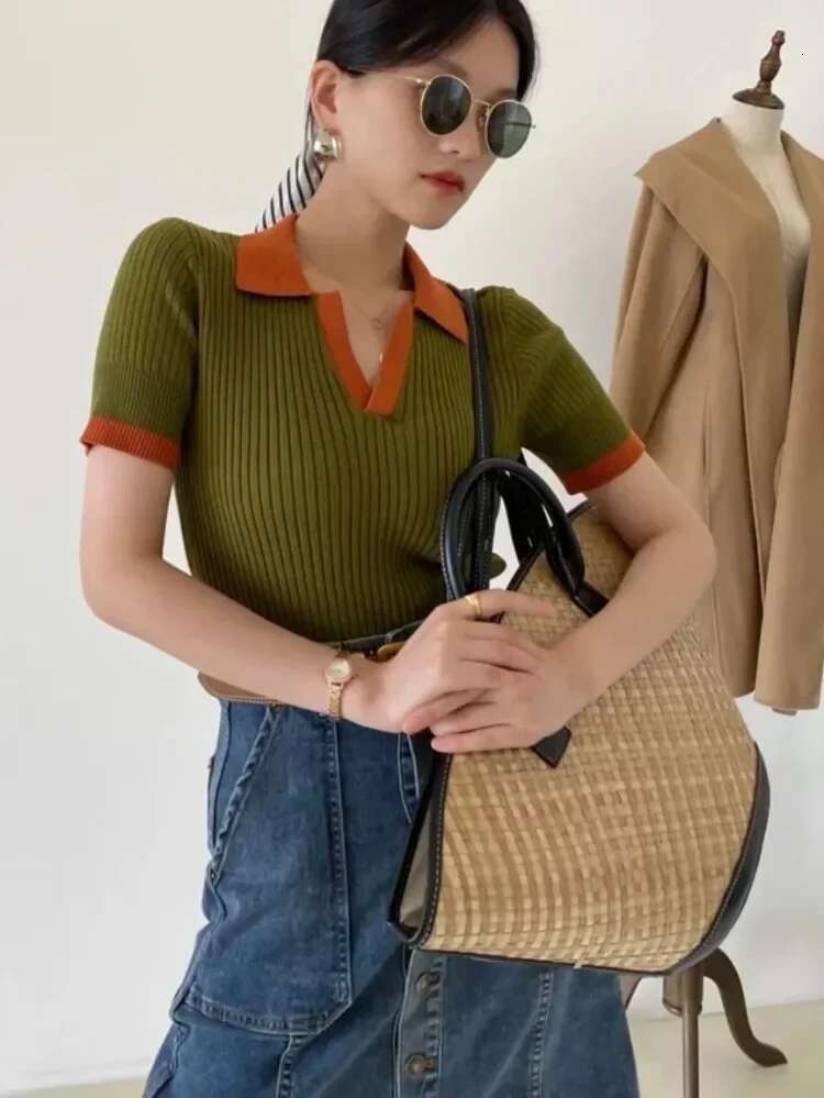 Women's Short Sleeve T-Shirt, Slimming Vintage Polo Collar, Elegant Blouse, Soft Breathable Top, Summer Fashion, 2024