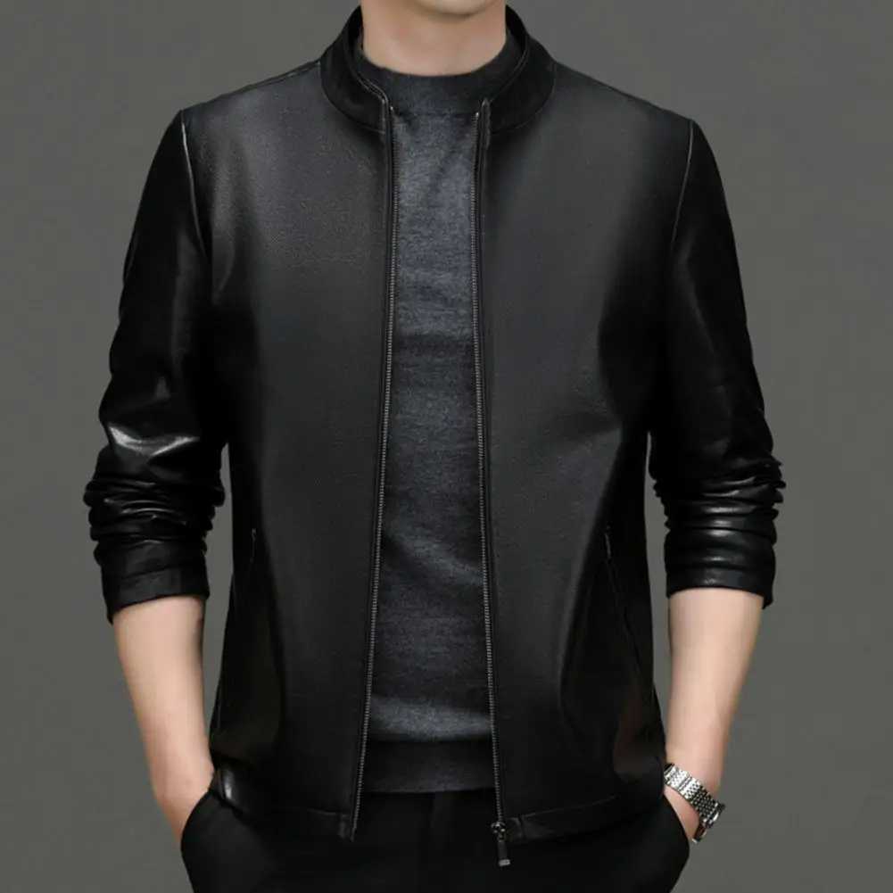 Men Jacket Lapel Long Sleeve Zipper Placket Regular Fit Coat Solid Color Short Style Faux Leather Jacket Casual Street OutwearT250311