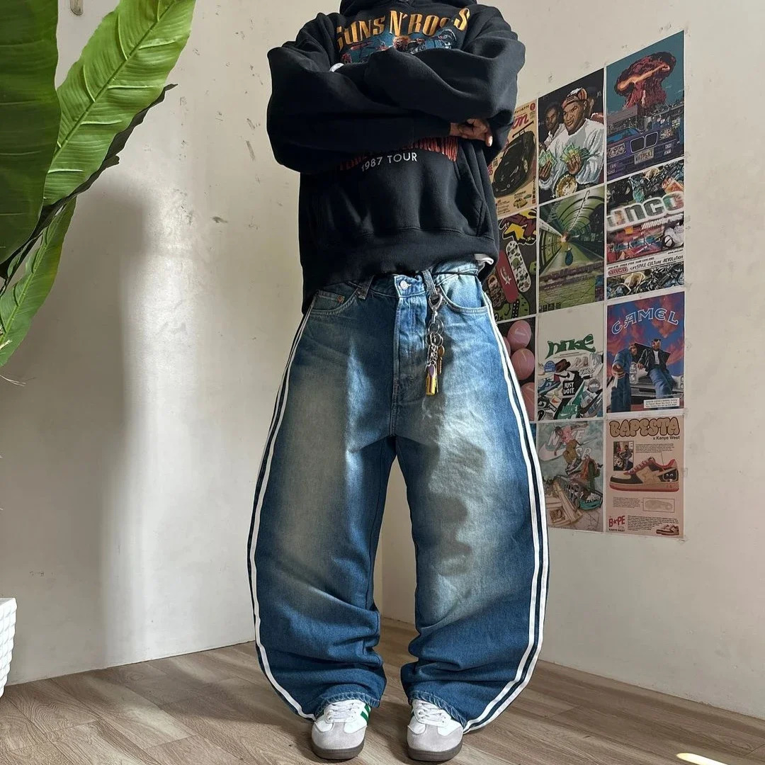 Simple Retro Y2K Harajuku Sports Striped Embroidered Washed Blue Jeans Mens Street Trend Loose Wide-leg Pants Skateboard Pants 250310