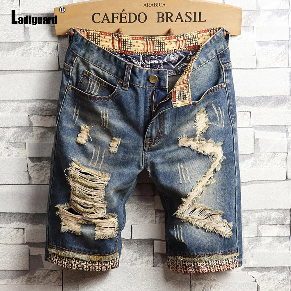 Ladiguard Men Vintage Street Demin Shorts Spring Autumn Fashion Ripped Plus Size Mens Stand Pocket Short Jeans 250312
