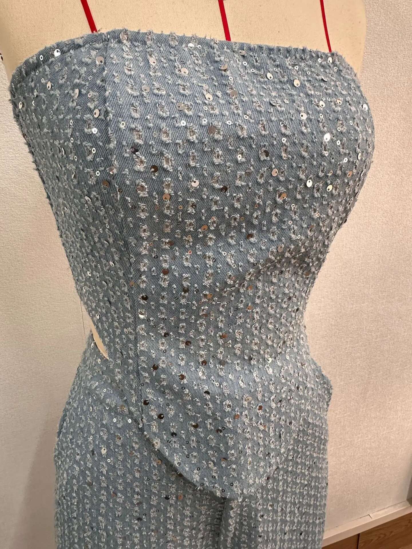 Fashion Sequins Denim Set Women Strapless Tunic Waist Crop Top And Wide Leg Pant Suit fashion New 2 Piece Sets Outfits Tracksuit