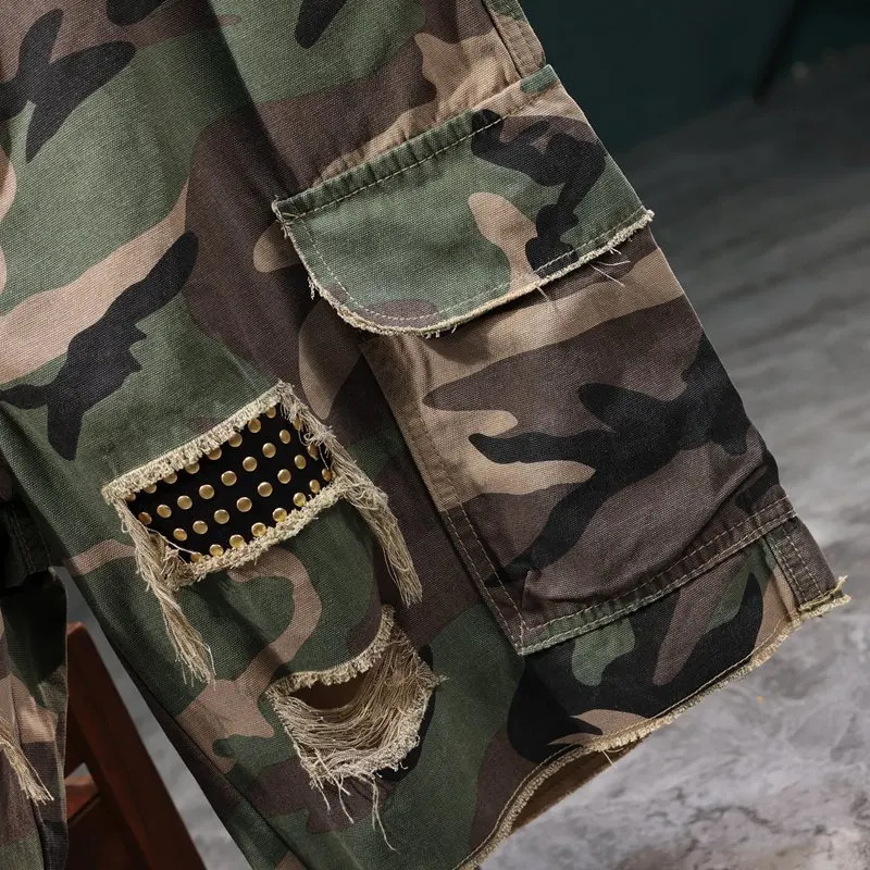 Workwear Camouflage Shorts Mens Summer Hole Patch Street Loose Casual Cool Trendy Capris Mens Clothing 250310