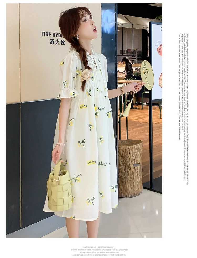 2024 Pregnant Womens Summer Clothing Ruffled Collar Chinese Style Fashion Maternity Floral Dress Sweet Pregnancy Midi DressesT250311