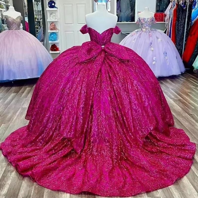 Rose Red Glitter Quinceanera Dresses Ball Gown Off The Shoulder Beading Crystal Sequined Applique Tull Corset Vestidos 15 De XV Anos Sweet 16 Dress