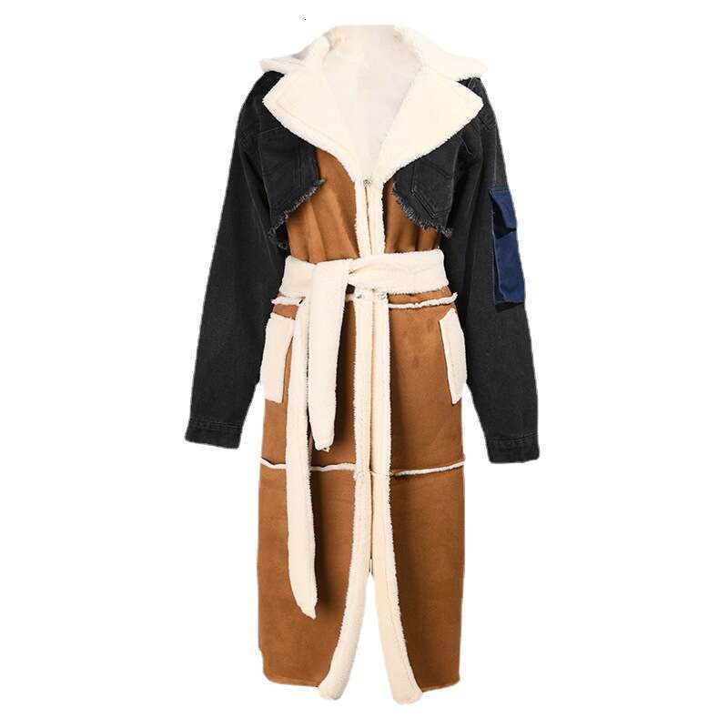Australian Trendy Brand New Plush Denim Patchwork For Winter Lambhair Inner Lining With Large Lapel Collar, Long And Thick Cotton Jacket