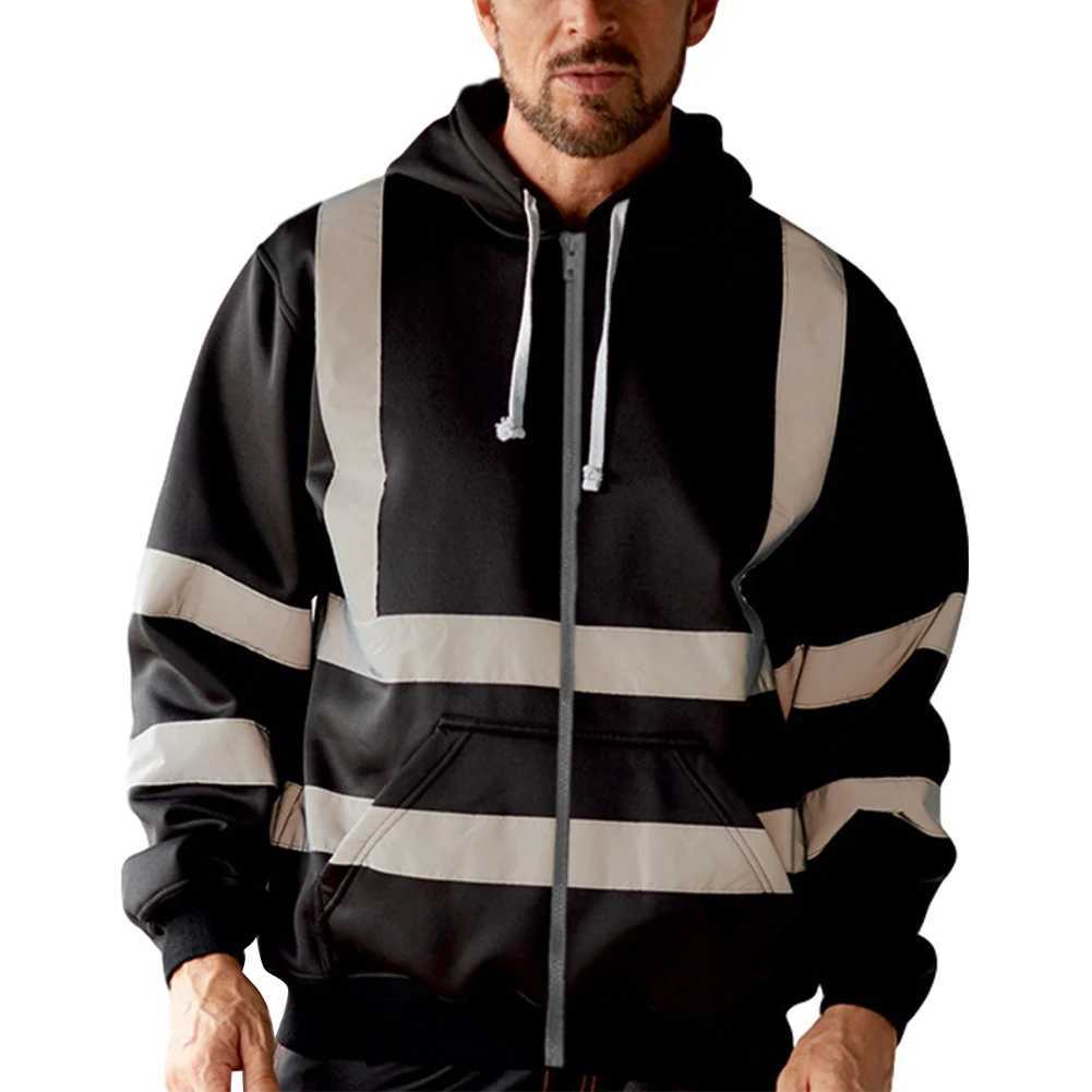 Mens Hooded Zipper Tops Fashion High Visibility Reflective Sweatshirt for Men Bomber Jacket Side Pockets Breathable Coat Tops M250312