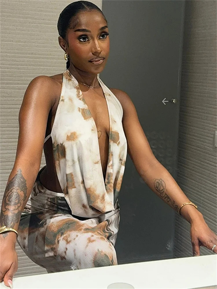 Weird Cat Tie Dye Printed 2piece Womens Bandage Strap Low Neck Tank TopRuffle Skirt Vacation Beach Styye Sexy Set 250312