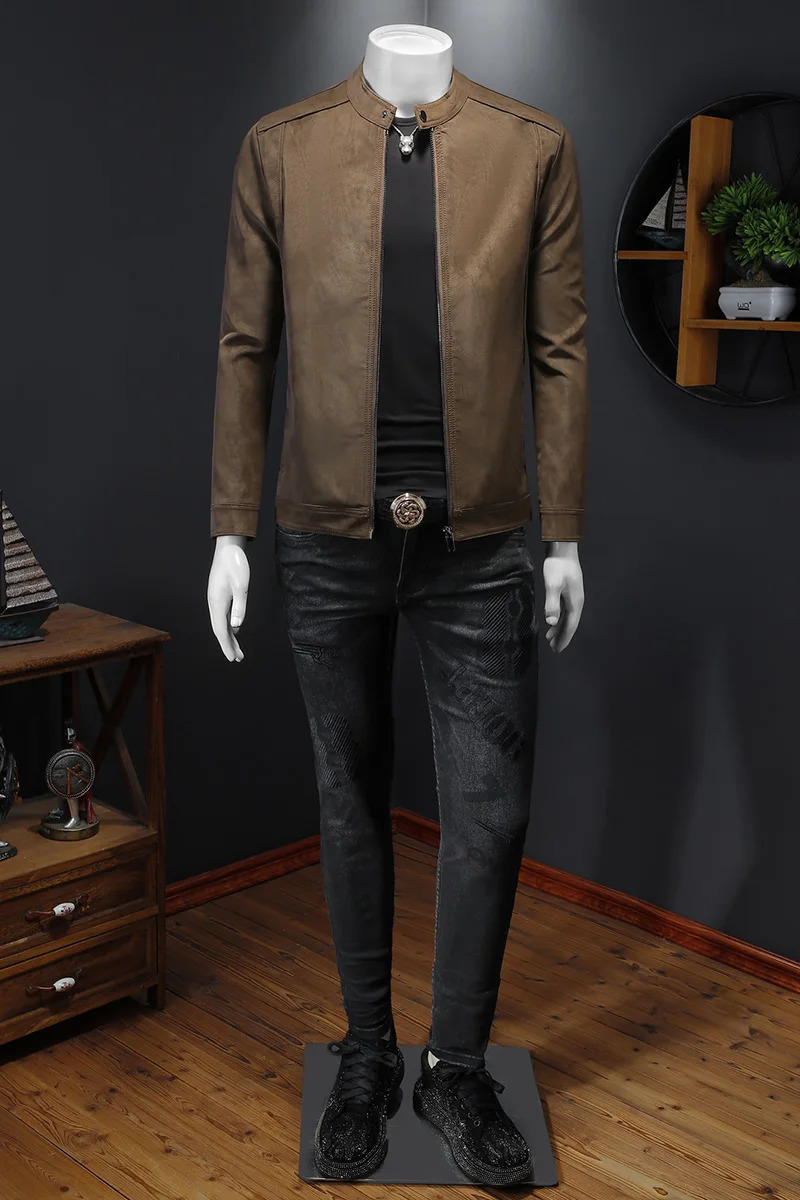 mens standing collar motorcycle leather jacket for autumn and winter suitable casual slim fit highquality men 250312