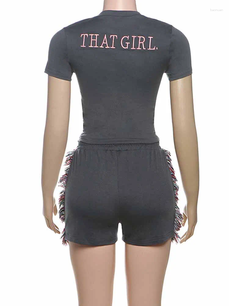 Womens Tracksuits BKQU Letter Embroidery Casual 2 Piece Sets Woman Outfit Short Sleeve T-shirts Side Tassel Shorts Matching Suits Female