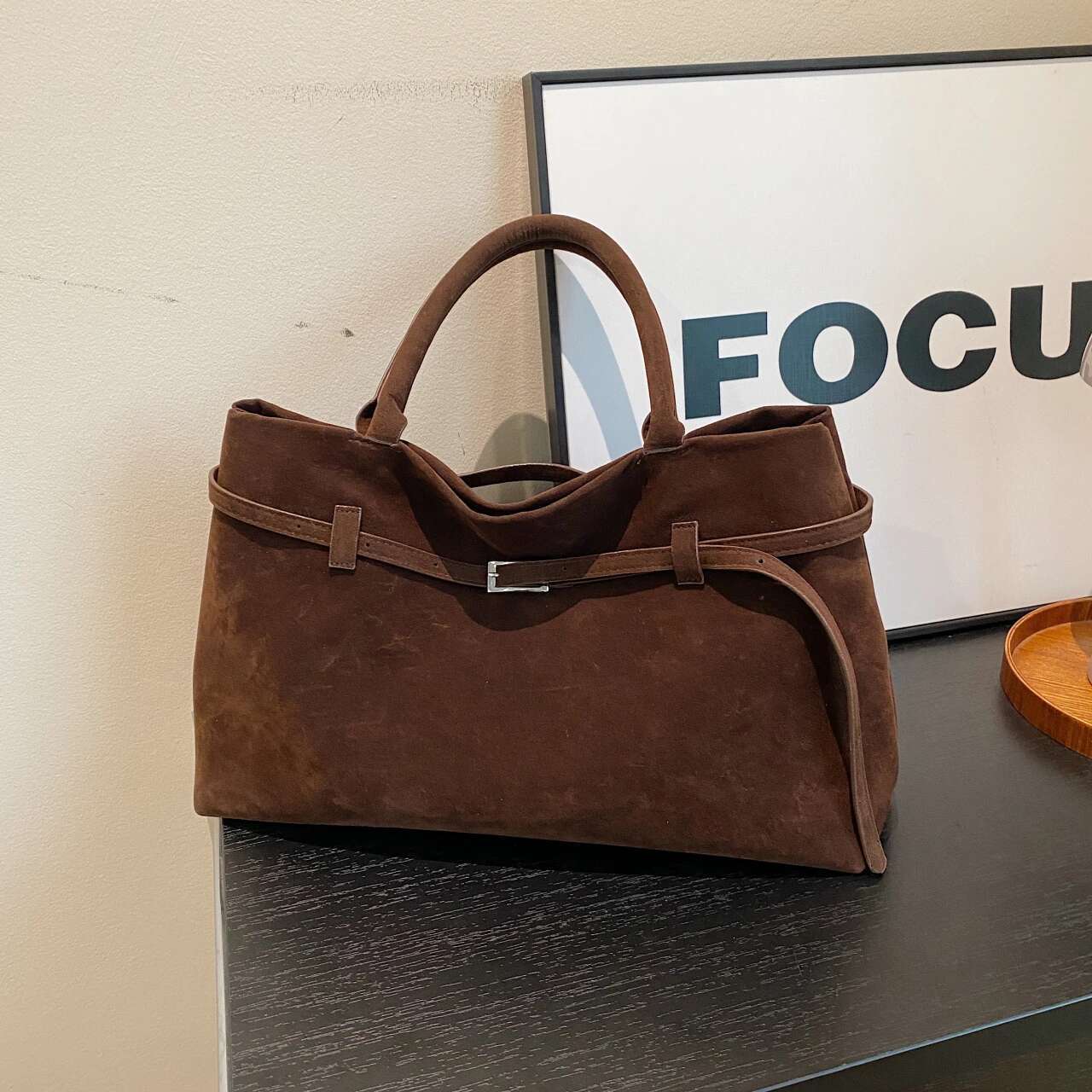 Retro Suede Leather Tote For Women, Large Capacity Commuting And Work Shoulder Bag, Underarm Bag