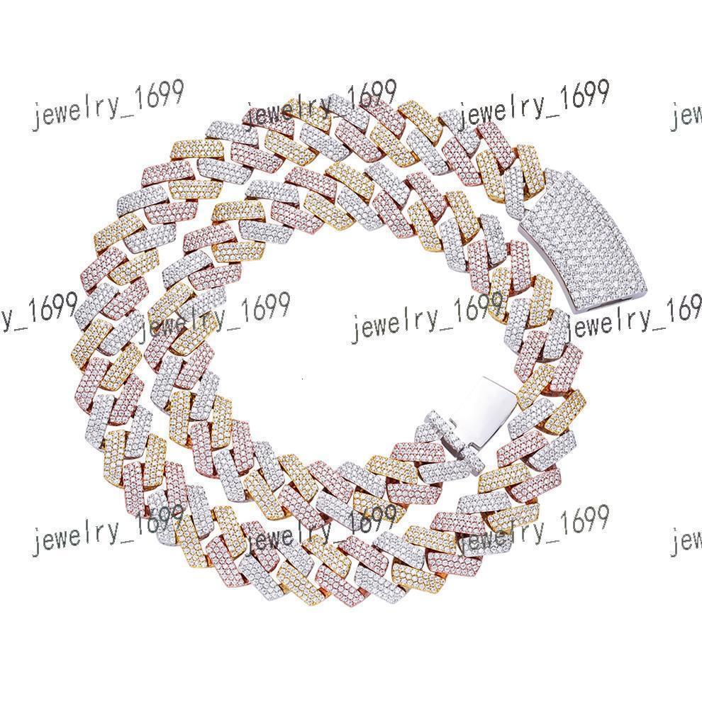 New Design Fashion Hip Hop 15MM Caged Back Iced Out Cubic Zirconia 14K Solid Gold Brass Three Color Plated Cuban Chain for Men