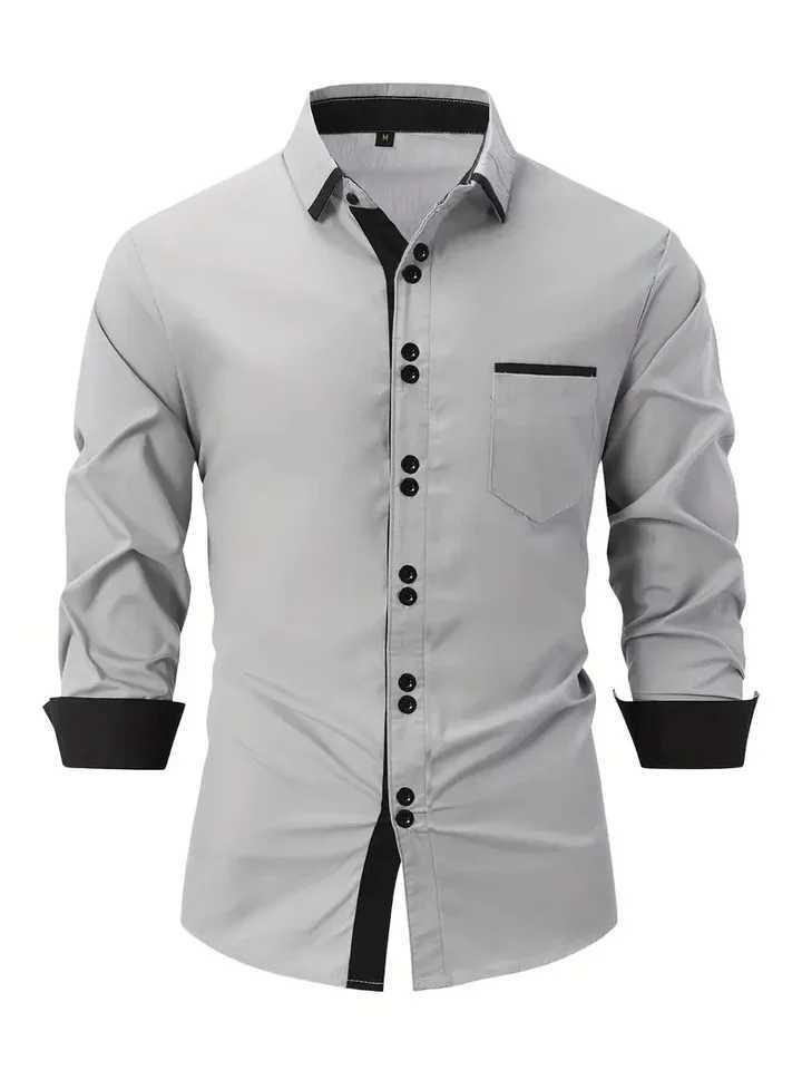 Mens Business Casual Cotton Shirt with Pocket Color Matching Lapel Comfortable Long Sleeve Top for Holiday W250312