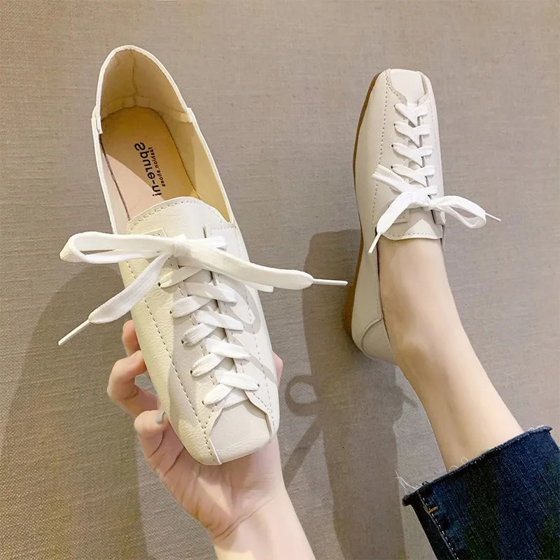 ZANPACE Casual Square Toe Platform Shoes Spring Lace-Up PU Loafers Women Shoes Soft Flat with Leather Shoes Female 250305