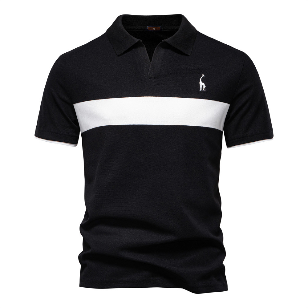 2025 Summer New Product: Deer Embroidered Men's Flip Collar Short sleeved T-shirt with Splicing V-neck Polo Shirt for Men tracksuit