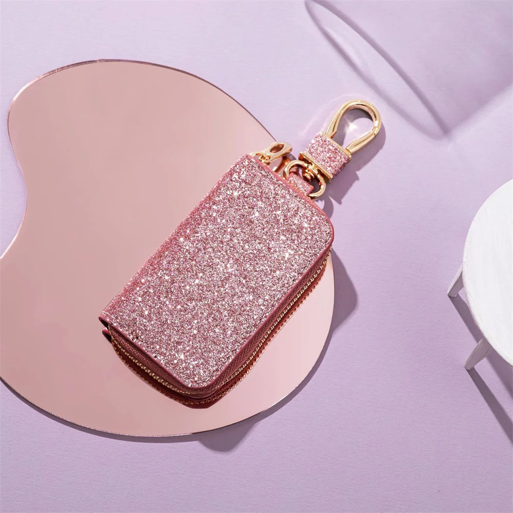 Leather Key Bag With Keychain Creative Shiny Coin Purse Mini Portable Storage Bag Pendant Glitter Zipper Key Holder Pouch 250311