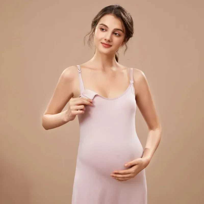 Mother Nursing Nightgown Loose Strappy Dresses Summer Sleeveelss Breastfeeding Sleepwear With Padded PregnancyT250311