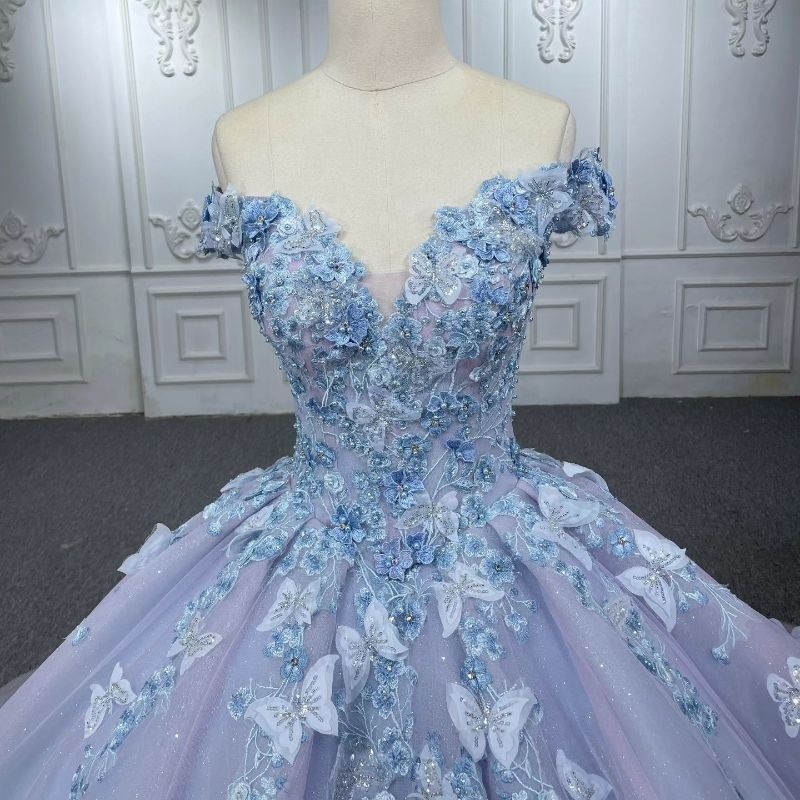 Glitter Lilac Quinceanera Dresses Appliques 3D Bow Beads Tull Sky Blue Lining Princess Off The Shoulder Sweet 16 Dress Vestidos 15 De Anos
