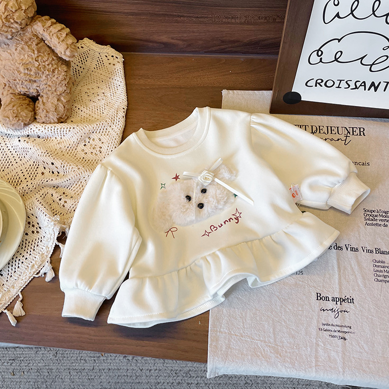 Ddmyshoesvip Children's Hoodie 2025 Spring New Girl's Dog Letter Printed Cute Lace Versatile Top