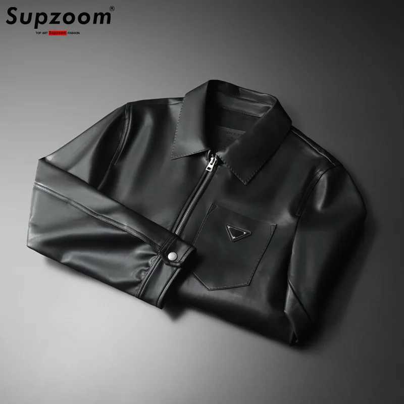 Supzoom New Arrival Top Fashion Autumn And Winter Pu Triangle Mark Synthetic Leather Black Leisure Jacket Men CoatT250311