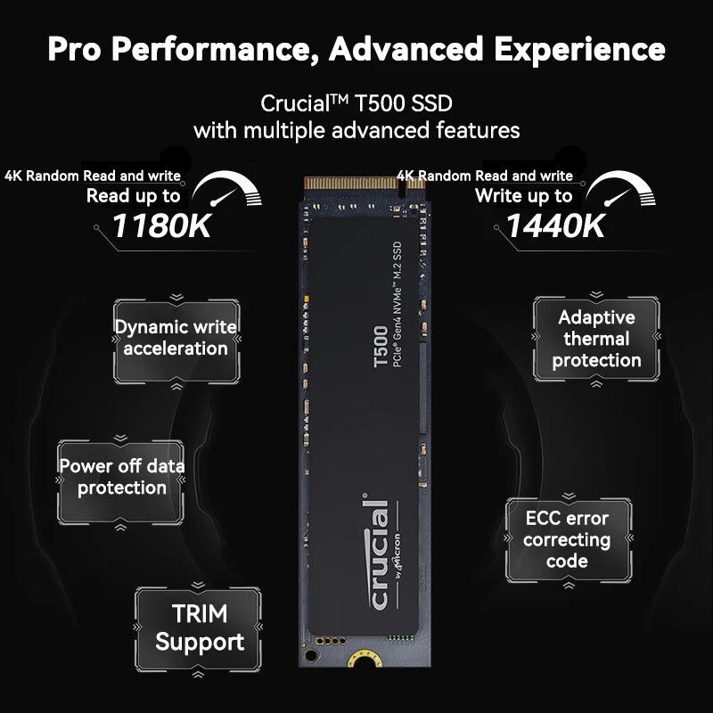 Original Crucial T500 Gen4 NVMe M.2 SSD Internal Gaming 500GB 1TB 2TB 4TB SSD Read Up to 7400MB/s for Laptop Desktop Compatible
