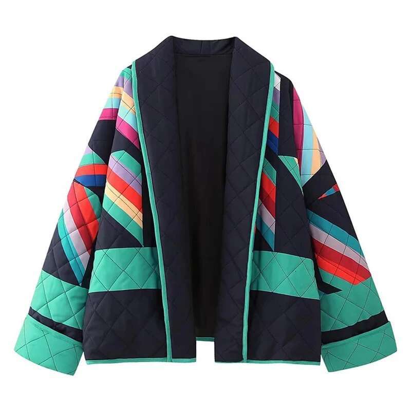 ZBZA Fashion Jacket Color Blocking Long Sleeve Casual Coat Cardigan Tops Warm Cotton Clothing Autumn & Winter Women's