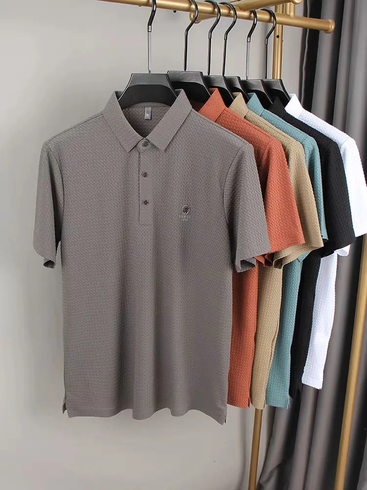 High quality ice silk breathable short sleeved Tshirt mens summer fashion embossed n top business casual polo shirt 250312