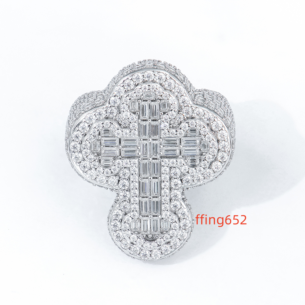 Hiphop 925 Silver Cross Design Iced Out Baguette Cut Moissanite Ring Rhodium Rose Gold Plating Options Fine Jewelry