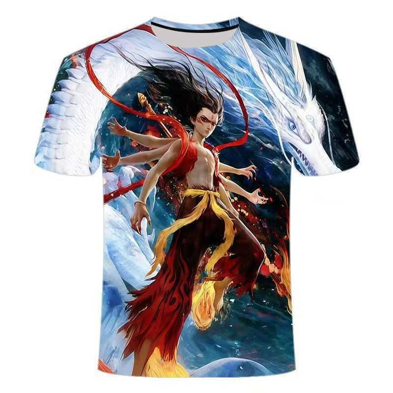 Nezhas Magic Childrens Sea Outing T-shirt Summer 3d Printing Trend Youth Round Neck Short Sleeve Mens Wear