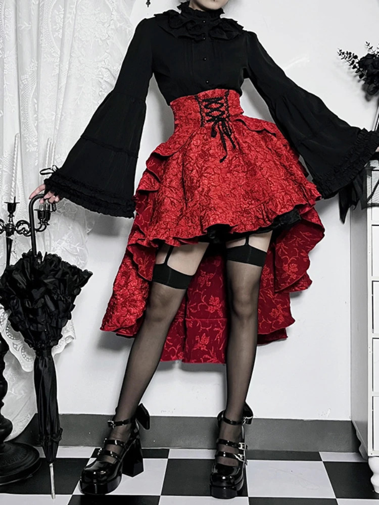 Retro Gothic High Waist Swallowtail Skirt Womens Steampunk Vintage Lace Up Asymmetric Low Skirts Outfits Party 250311