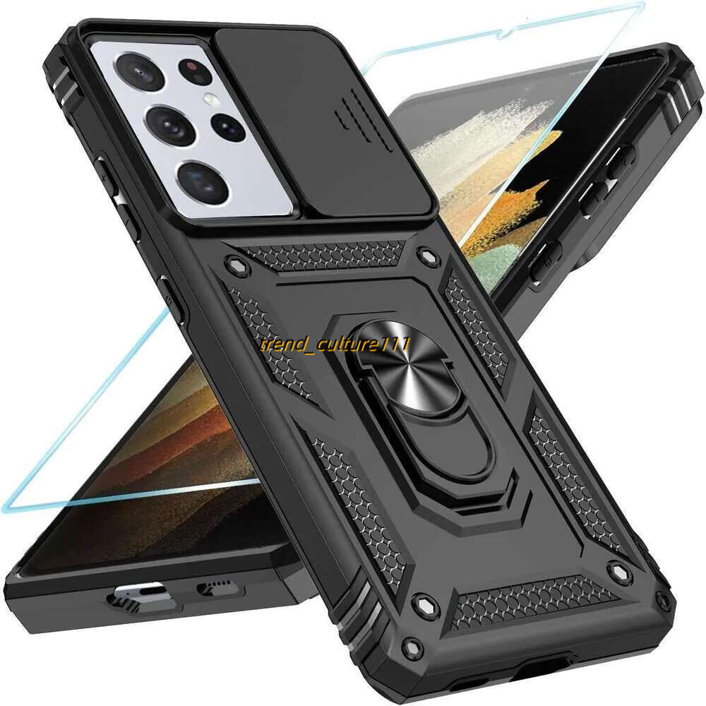 5G with HD Screen Protector Slide Camera Cover Rotated Ring Kickstand, Military-Grade 2 in 1 Phone Case for Galaxy S21 Ultra
