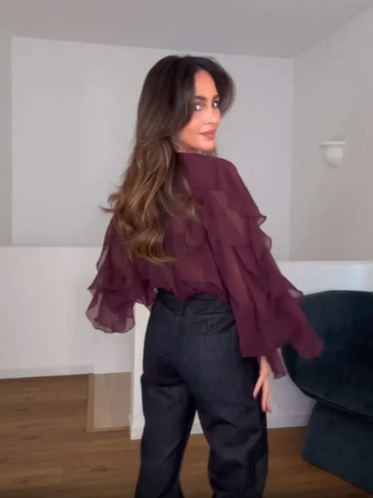 Fashion Women V Neck Ruffles Lantern Long Sleeve Shirt Elegant Solid Mesh Single Breasted Blouse 2025 Commute High Street Outfit