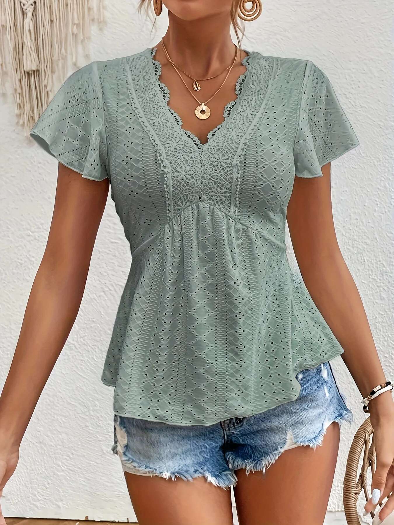 Summer Elegant Contrast Lace Shirt For Women Casual Office Lady V Neck Butterfly Sleeve Female Tops