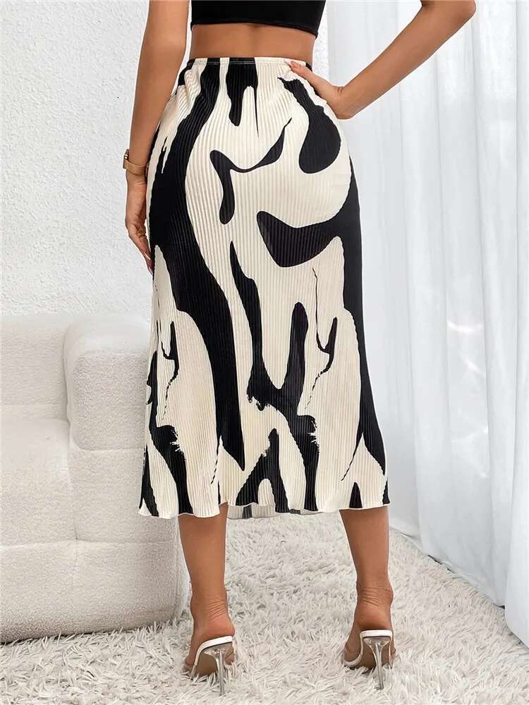 Dr Casual Graphic Print Pleated Long Skirts Women Autumn Fashion Elastic High Waist Geometry Midi Skirt Streetwear 2023